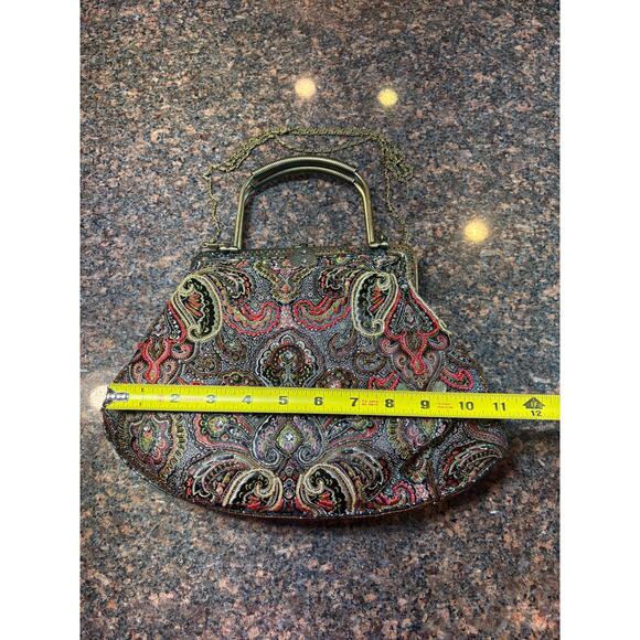 Vintage Style Beaded Bag w Metal Frame Top Handles and Chain - Picture 8 of 11